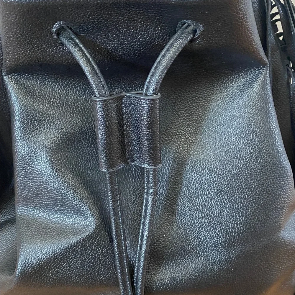 Victoria Secret Black FAUX Leather Fringe Drawstring Backpack bag - Picture 4 of 7